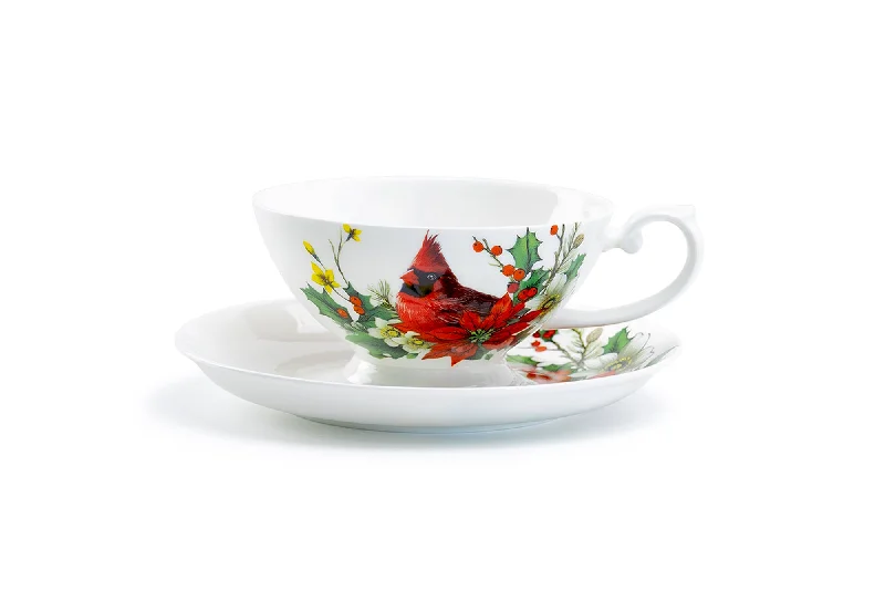 hot coffee mug -Cardinal Poinsettia Bone China Cup and Saucer