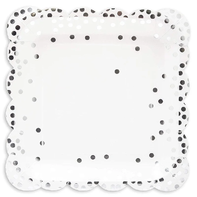 reusable plastic plates for special occasions -48 Pack 9 in Silver Square Paper Plates Disposable Party Plates with Scalloped Polka Dot for Wedding Birthday Dinner Party - 9"