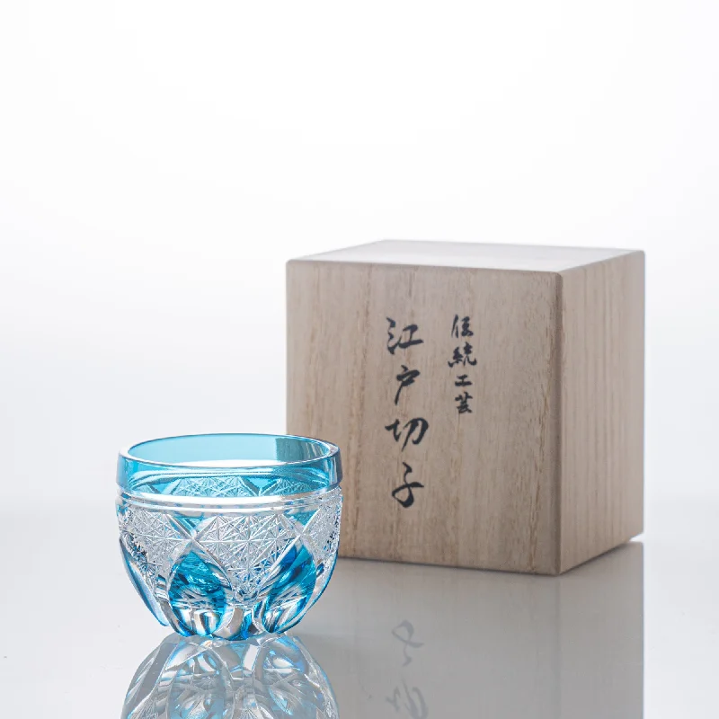 coffee mug for students -Kiyohide Glass Blue Flower Petals Edo Kiriko Cut Glass Guinomi Sake Cup