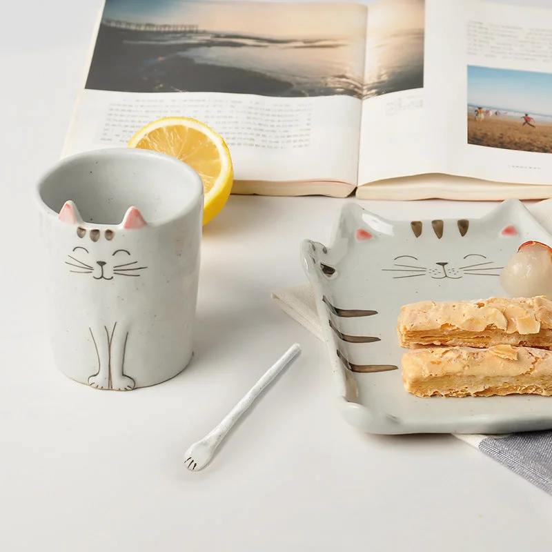 stylish porcelain serving bowls for soups -Gohobi Hand-painted Cat Pattern Cup and Plate