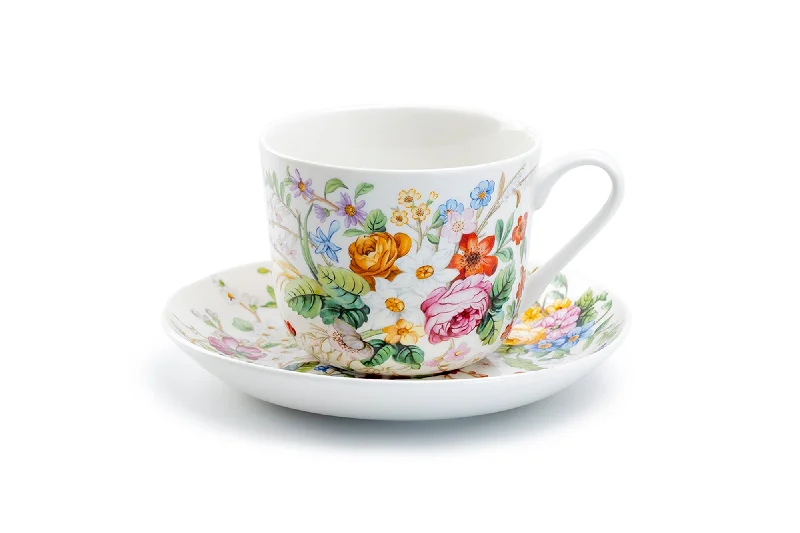 coffee mugs for couples -Lismore Rose Garden Fine Porcelain Breakfast Jumbo Cup and Saucer