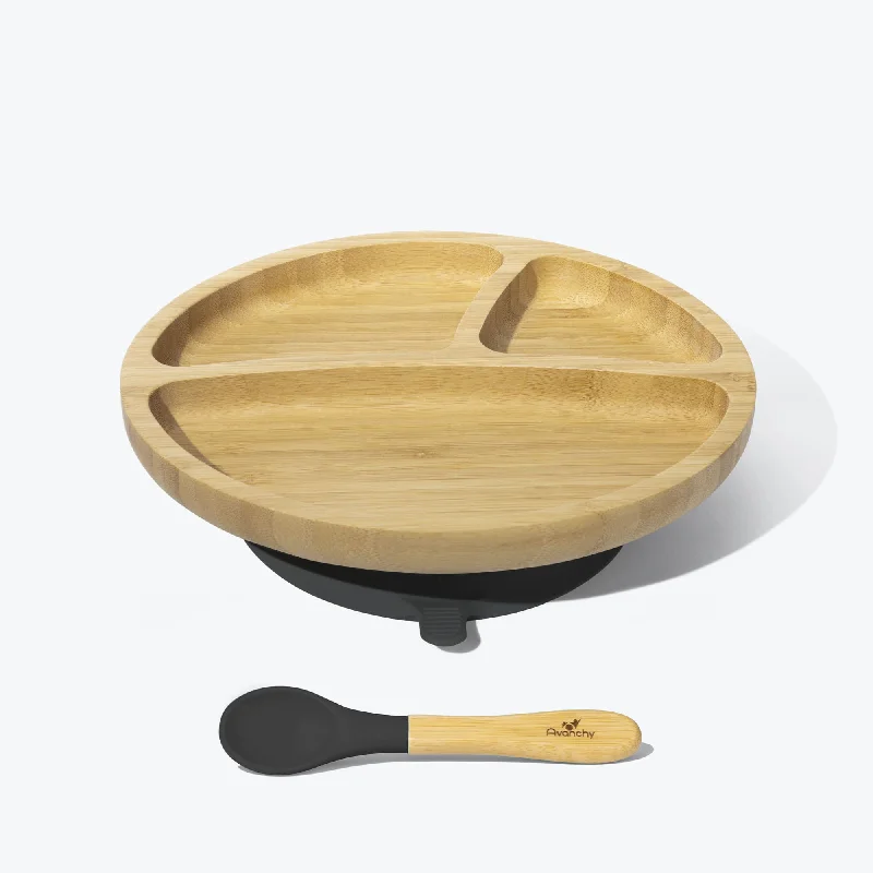 luxury porcelain dinner plates for holiday meals -Avanchy Bamboo Suction Toddler Plate + Spoon - Black