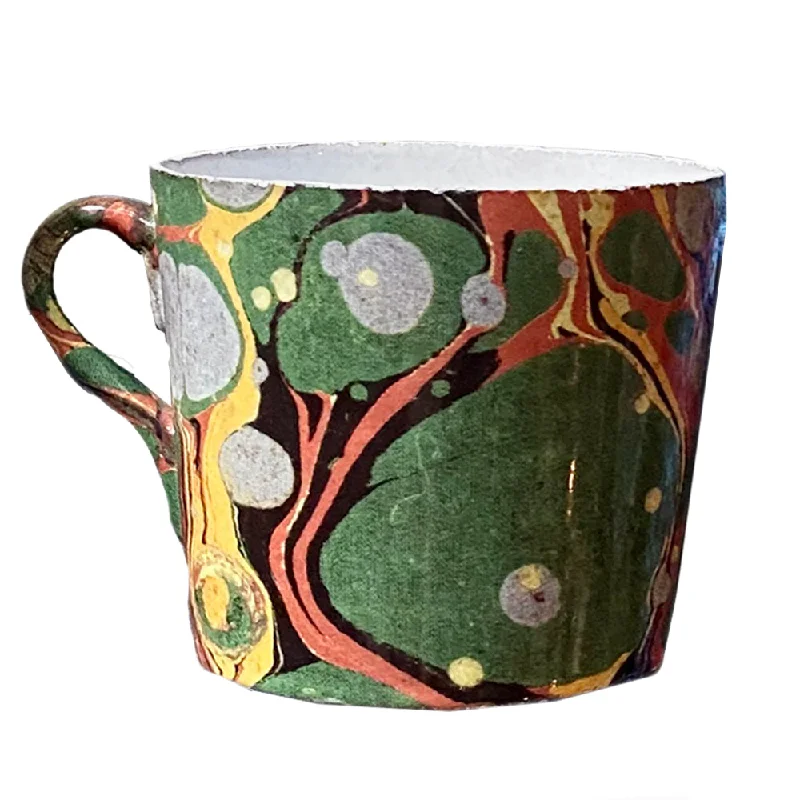 travel coffee mug with handle -Cup with Green, Red & Yellow Marble Exterior