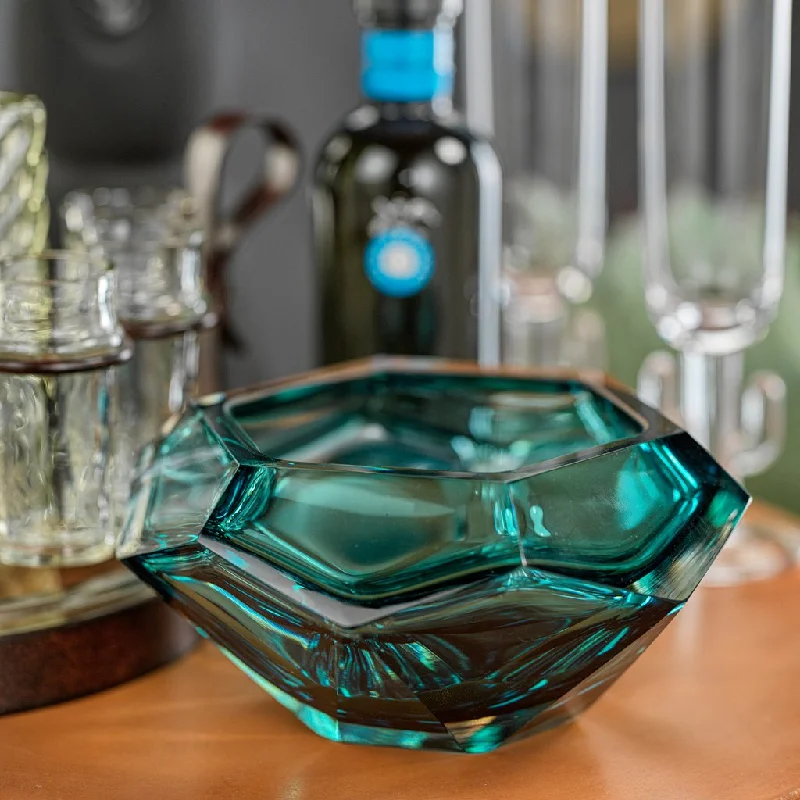 reusable bamboo serving trays for formal dining -La Bohème Hand Made Polished Cut Glass Bowl - Sea Blue