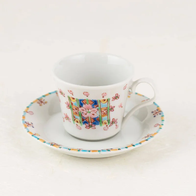 travel cup with cute design -Ginshu Kiln Cherry Blossom Kutani Cup and Saucer