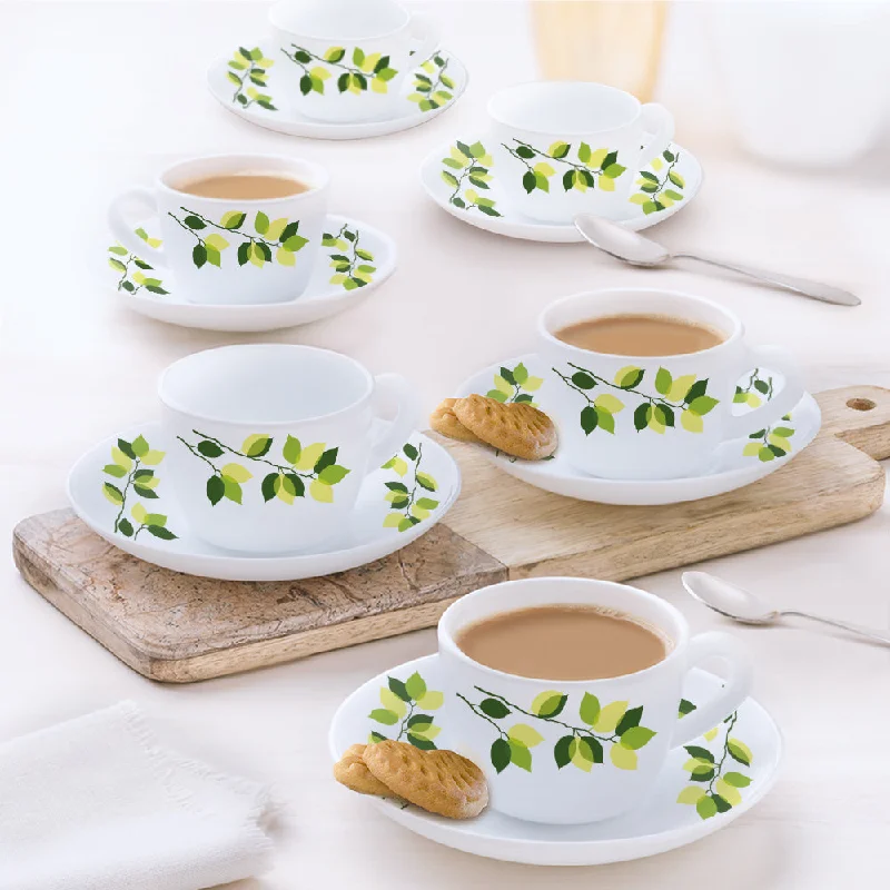 personalized tea mug -Larah By Borosil Green Leaves Cup n Saucer Set