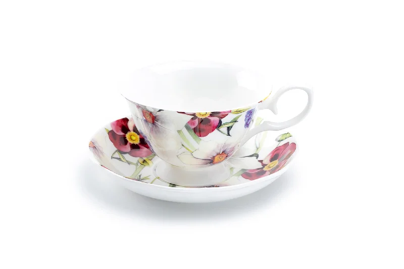 designer coffee mug -Red Pansy Bone China Tea Cup and Saucer