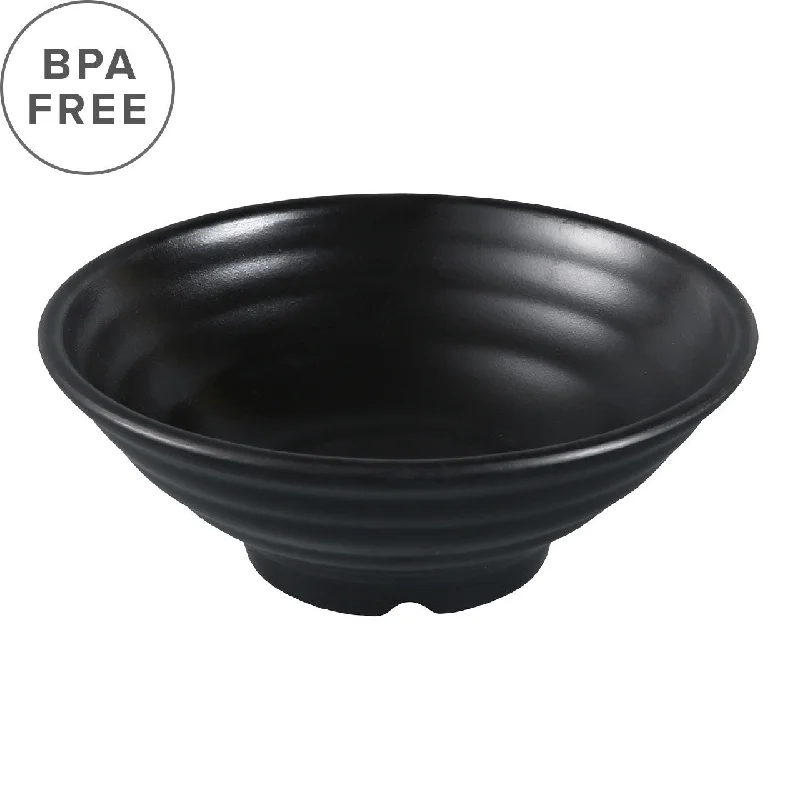 luxury porcelain soup bowls for catering -Melamine Black Matte Ridged Noodle Bowl 48 fl oz / 8.9" dia