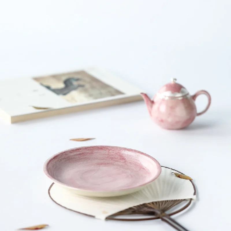 stylish porcelain serving bowls for soups -Gohobi Handmade White Brushing Pink Serving Tray Teapot Tray Plate