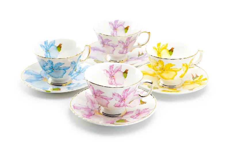 sleek travel coffee mug -Iris Floral Fine Porcelain Tea Cup and Saucer Set of 4