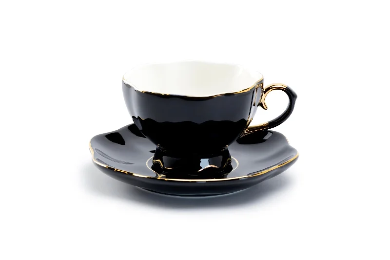 premium travel mug -Black Gold Scallop Fine Porcelain Tea Cup and Saucer