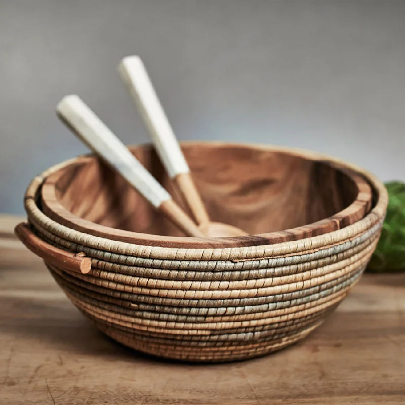 personalized dinnerware for Christmas celebrations -Como Handwoven Rattan & Accacia Wood Bowl - Gray & Natural