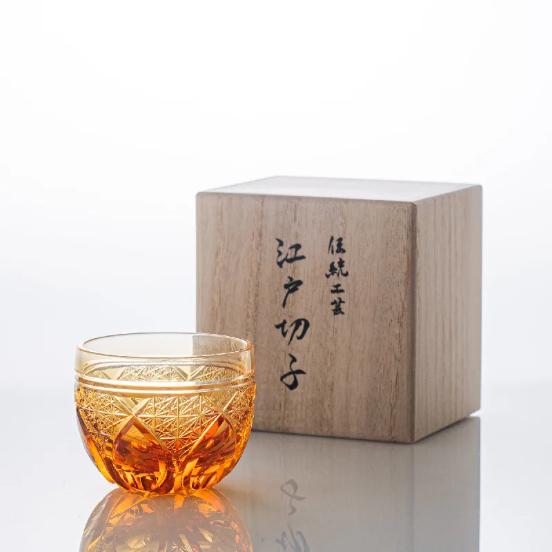 travel mug with design -Kiyohide Glass Amber Flower Petals Edo Kiriko Cut Glass Guinomi Sake Cup