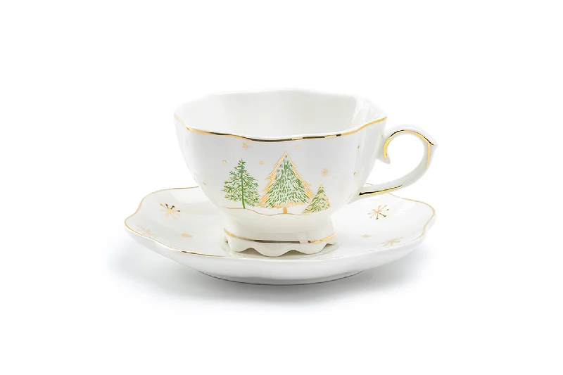 pink coffee mug -Christmas Pine Trees Fine Porcelain Tea Cup and Saucer