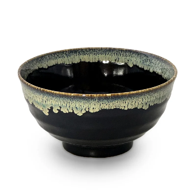 premium glass cups for catering events -Glossy Black Noodle Bowl with Blue Trim 33 fl oz / 6.7" dia