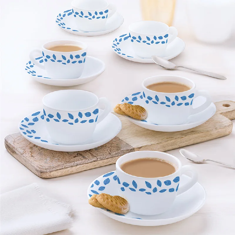 wedding coffee mug -Larah by Borosil Blue Leaves Cup n Saucer Set