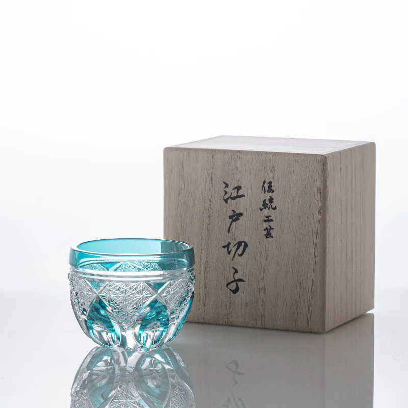 cute coffee cup with design -Kiyohide Glass Green Flower Petals Edo Kiriko Cut Glass Guinomi Sake Cup