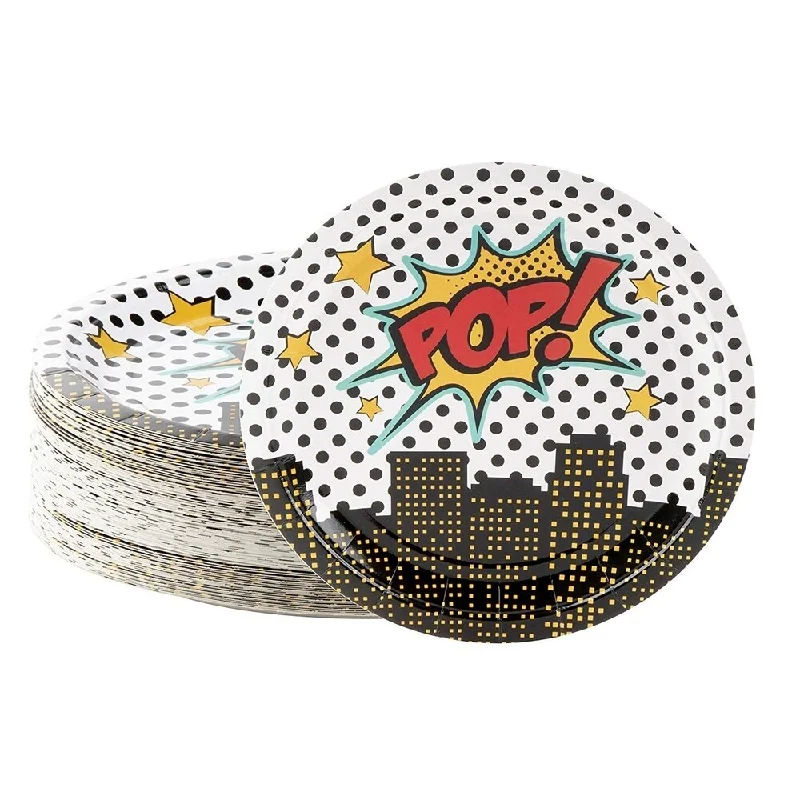 modern porcelain serving platters for parties -80-Count Superhero Comic Book Disposable Plates for Kids Birthday Party Supplies