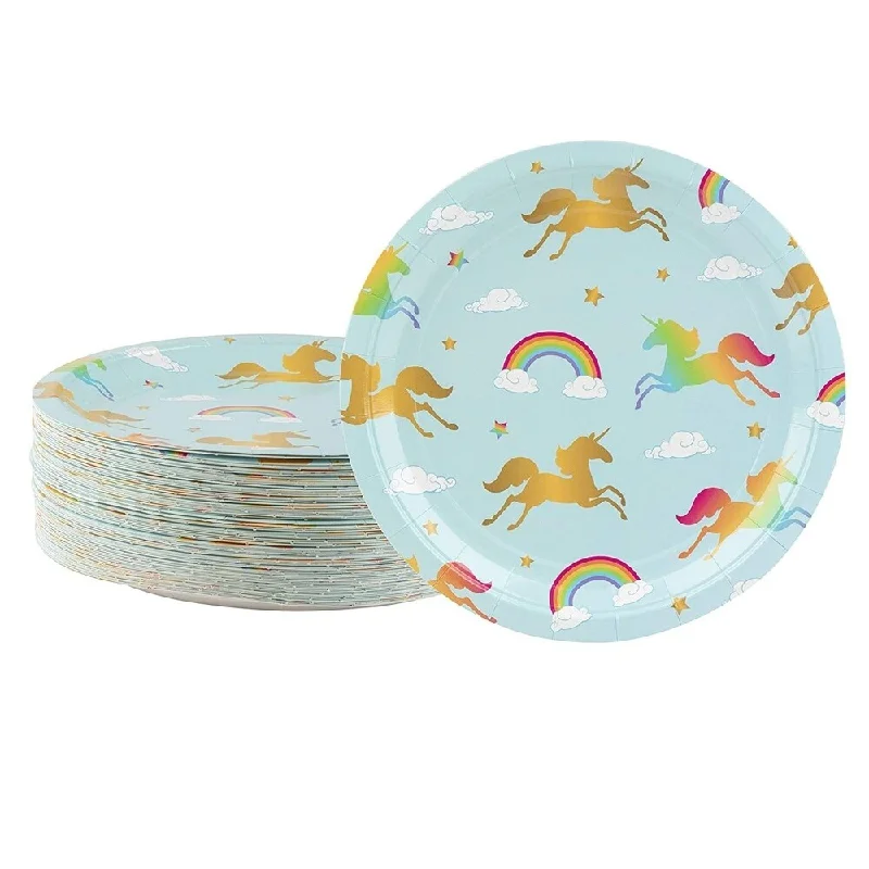 premium bamboo dinnerware sets for picnics -80-Count Light Blue Rainbow Unicorn Paper Disposable Plates for Birthday Party