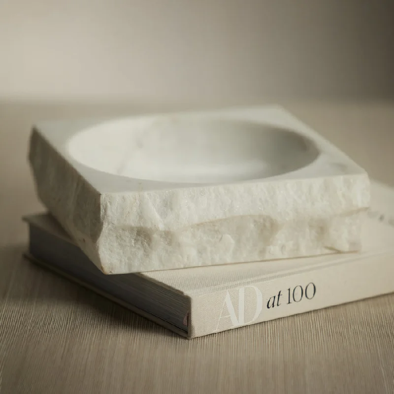 stylish porcelain plates for catering services -Rock Finish White Marble Square Bowl