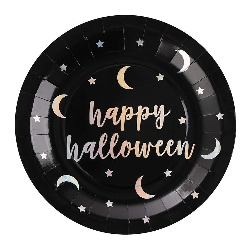 luxury porcelain soup bowls for catering -48 Party Paper Dinner Plates in Iridescent Foil, Happy Halloween Supplies 9 in. - 9" X 9"