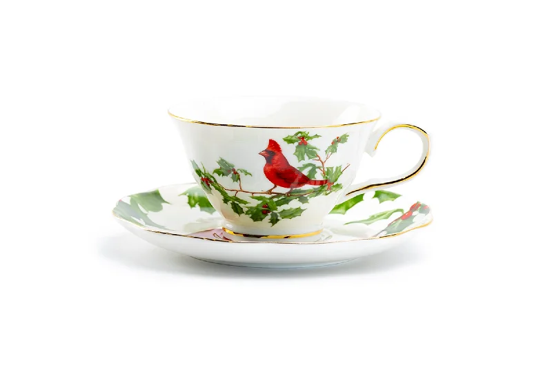 eco-friendly coffee mug -Red Cardinal Fine Porcelain Tea Cup and Saucer