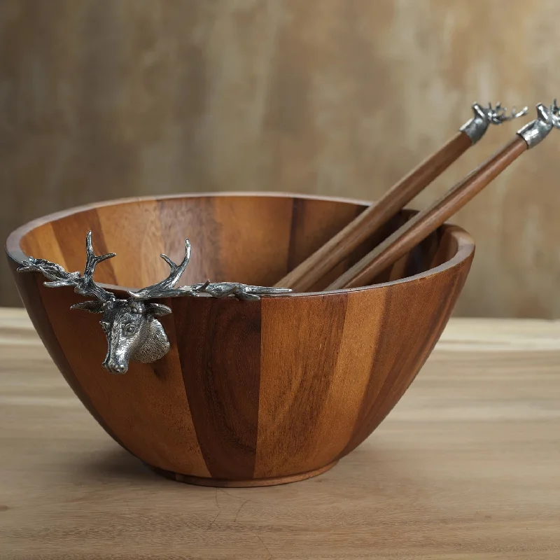 stylish bamboo flatware for formal dining -St. Anton Wood and Pewter Stag Head Salad Bowl