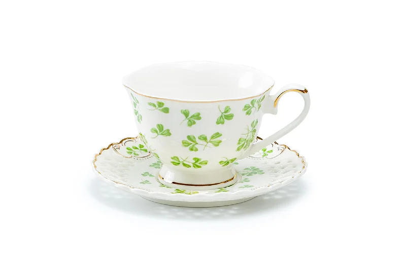 travel mug with design -Shamrock Fine Porcelain Tea Cup and Saucer with Pierced Design