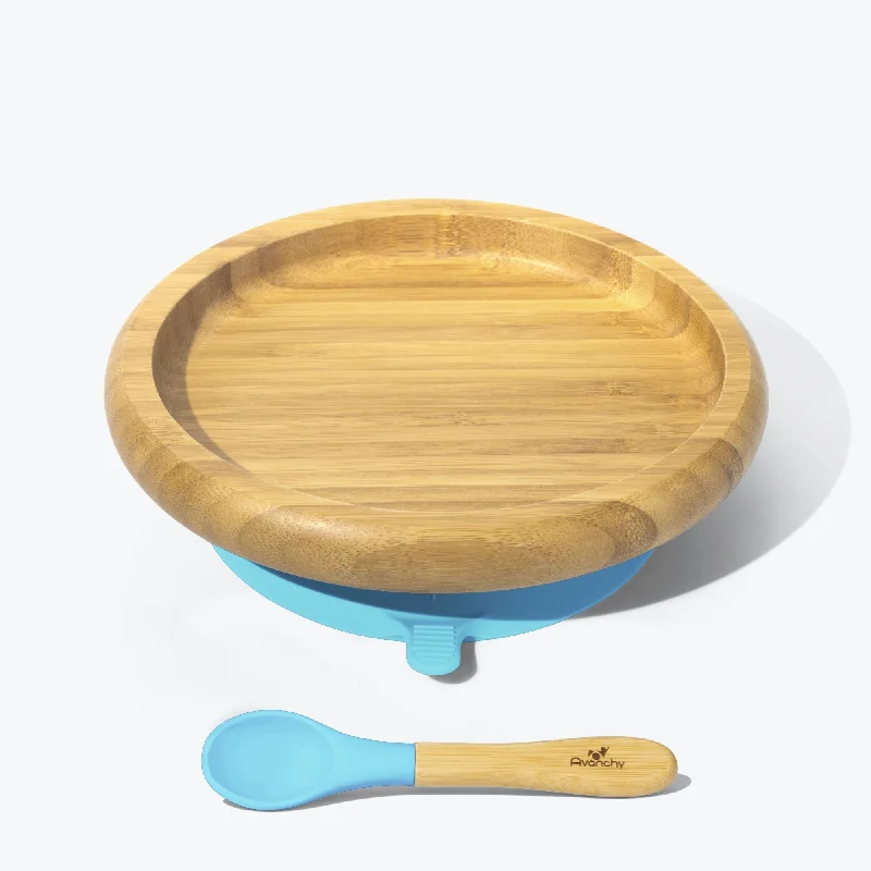 eco-friendly porcelain cups for outdoor events -Avanchy Bamboo Suction Baby Plate + Spoon - Blue