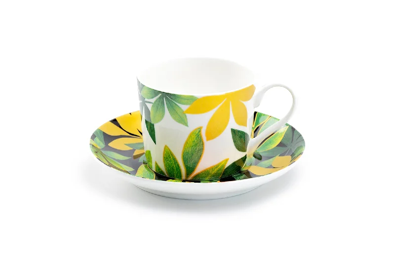 custom coffee cup for family -Green Gold Leaves Bone China Cup and Saucer