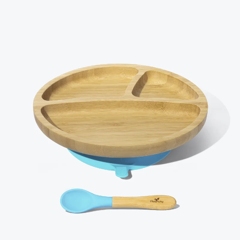 eco-friendly porcelain plates for daily use -Avanchy Bamboo Suction Toddler Plate + Spoon - Blue