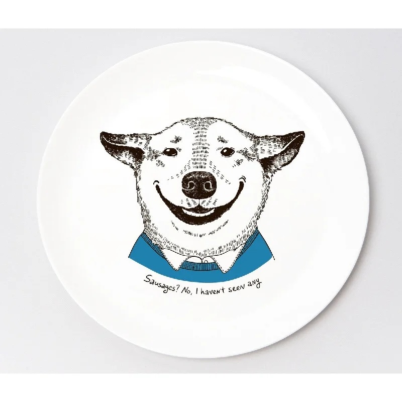 reusable bamboo bowls for picnics and BBQs -"Sausages? No, I haven`t seen any" Smiling Dog Ceramic 9.8" Plate