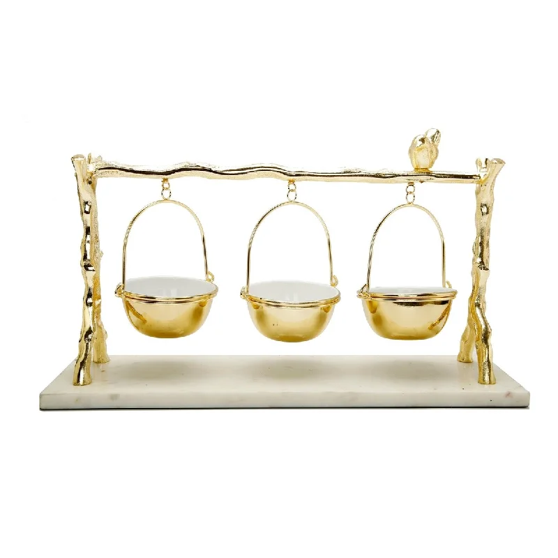 premium porcelain flatware for family events -3 Hanging Bowls on Gold Branch and Marble Base