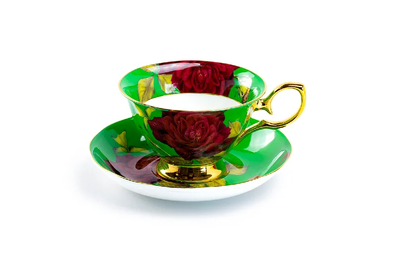 stylish coffee mug -Gold Green Stem Rose Bone China Tea Cup and Saucer