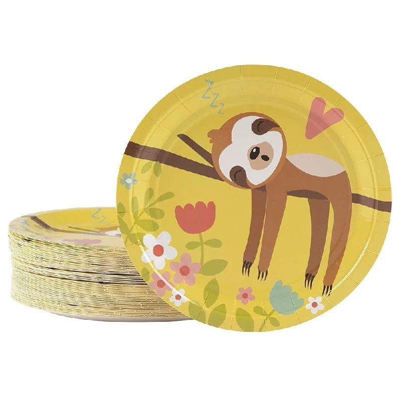 kids-friendly bamboo cups for family picnics -80-Count Cute Sloth Paper Disposable Plates for Kids Birthday Animal Party