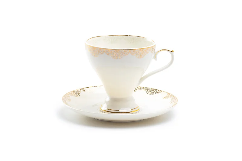 holiday themed coffee mug -White Gold Lace Fine Porcelain Tea Cup and Saucer