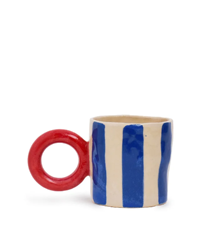 lightweight coffee mug -Circle cup - blue stripes with red handle