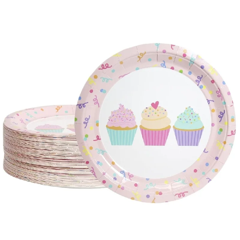 modern bamboo cups for family dinners -80-Count Cupcake Confetti Paper Disposable Plates for Birthday Party Baby Shower