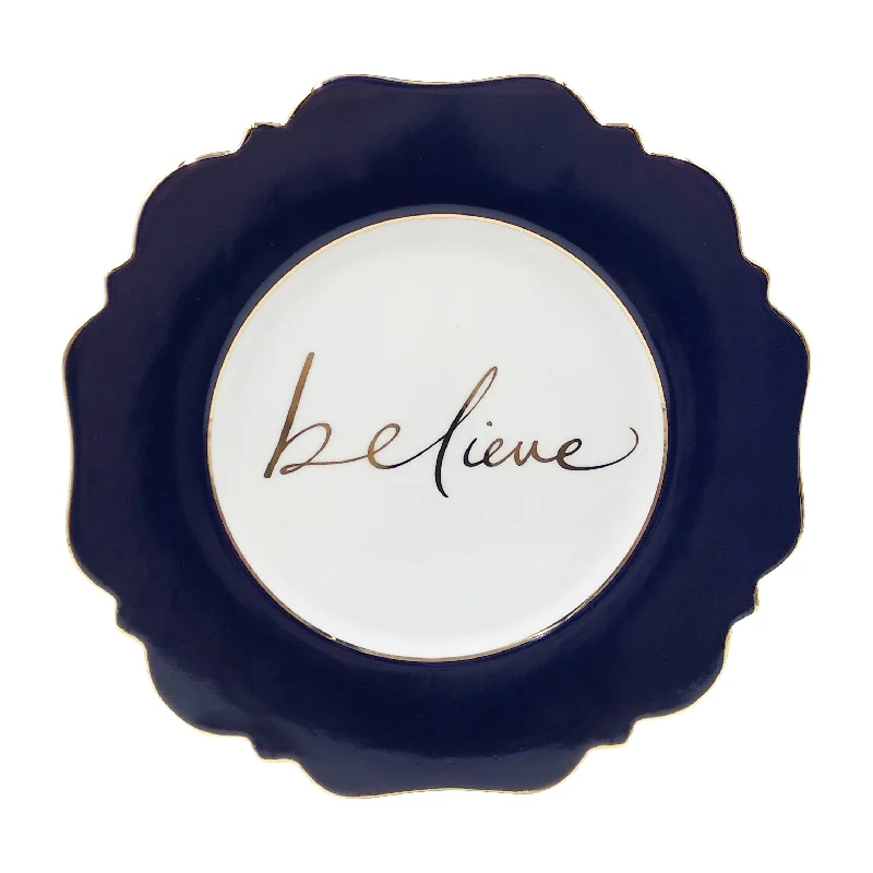 premium bamboo cutlery for family gatherings -Navy ‘Believe’ Side Plate