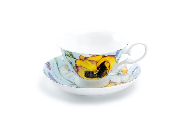 coffee mug for kitchen -Yellow Pansy Bone China Tea Cup and Saucer