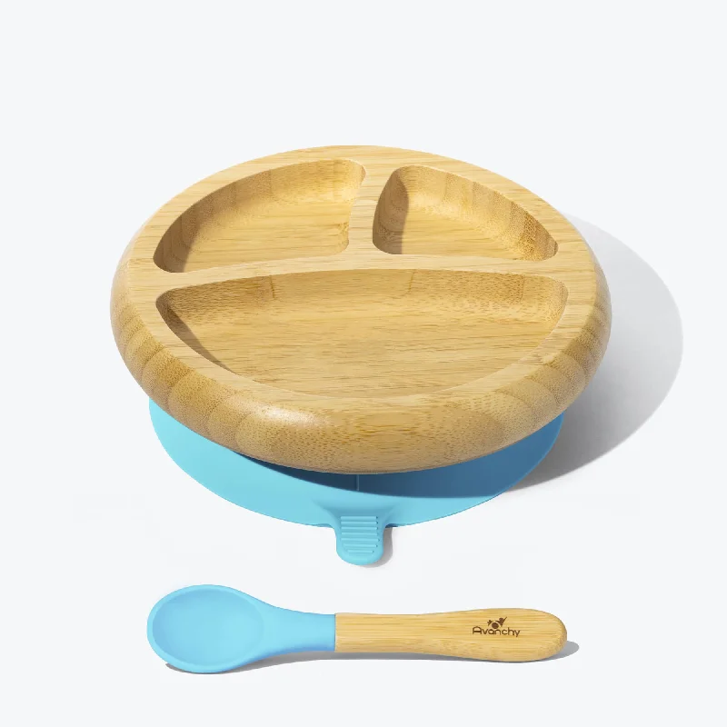 premium bamboo plates for family gatherings -Avanchy Bamboo Suction Baby Plate + Spoon - Blue