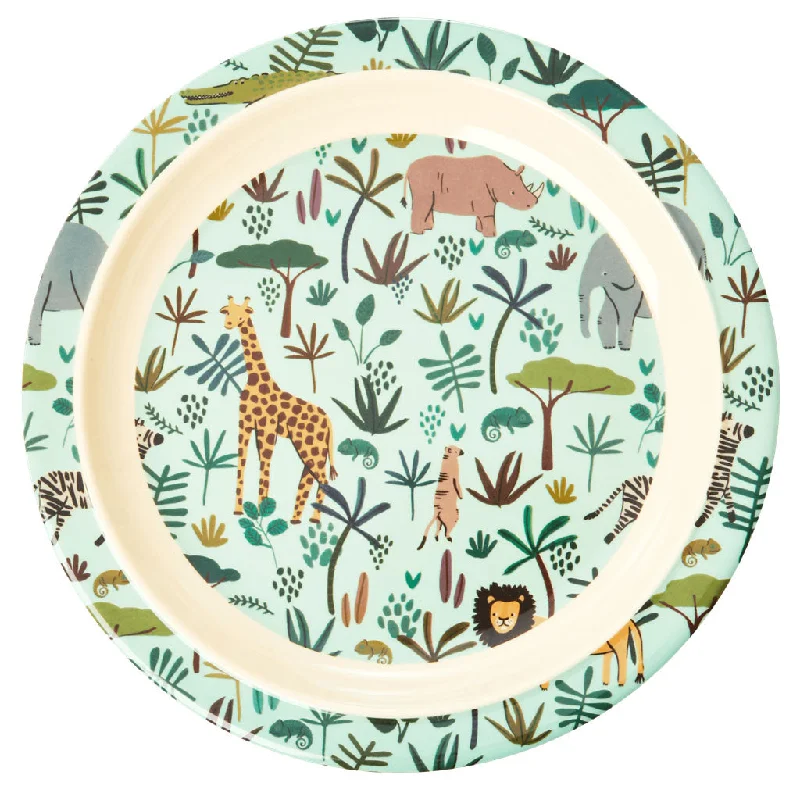 eco-friendly bamboo flatware for outdoor use -Rice DK Melamine Kids Lunch Plate in Green with All Over Jungle Animals Print