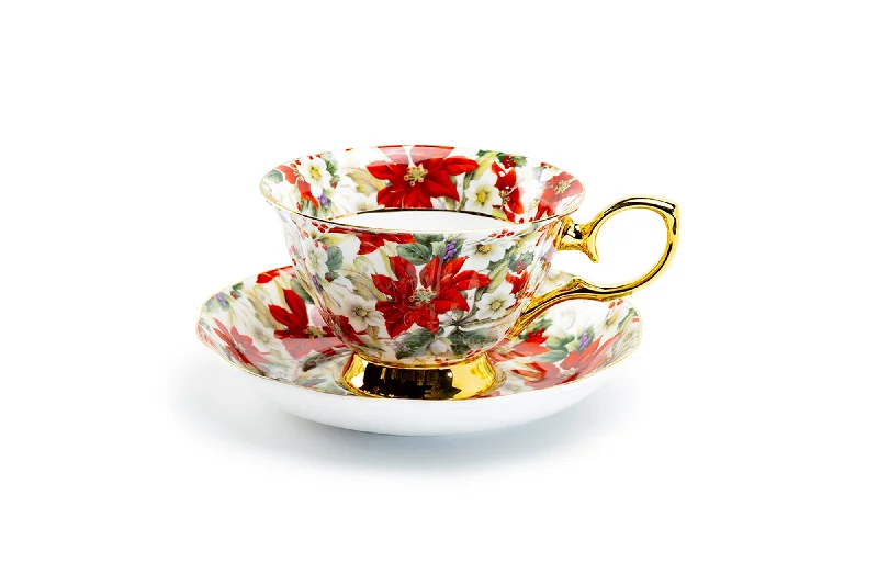 best coffee mug -Poinsettia Chintz Gold Bone China Tea Cup and Saucer