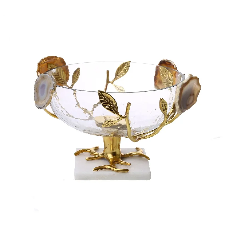 luxury porcelain dinnerware sets for weddings -Glass Salad Bowl With Gold Leaf-Agate Stone Design