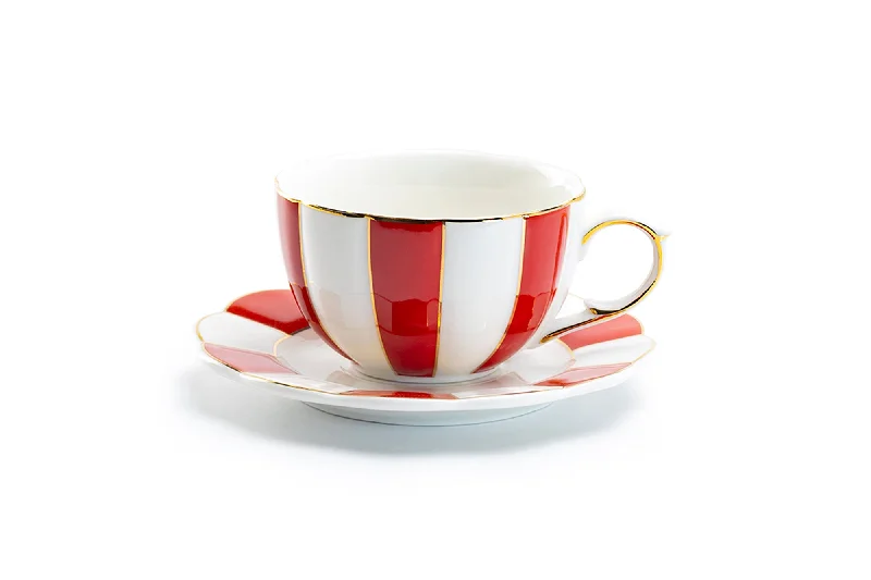 coffee mug for women -Red and White Scallop Fine Porcelain Tea Cup and Saucer