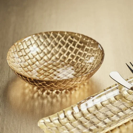 luxury bamboo flatware sets for family dinners -Braided Glass Bowl - Gold