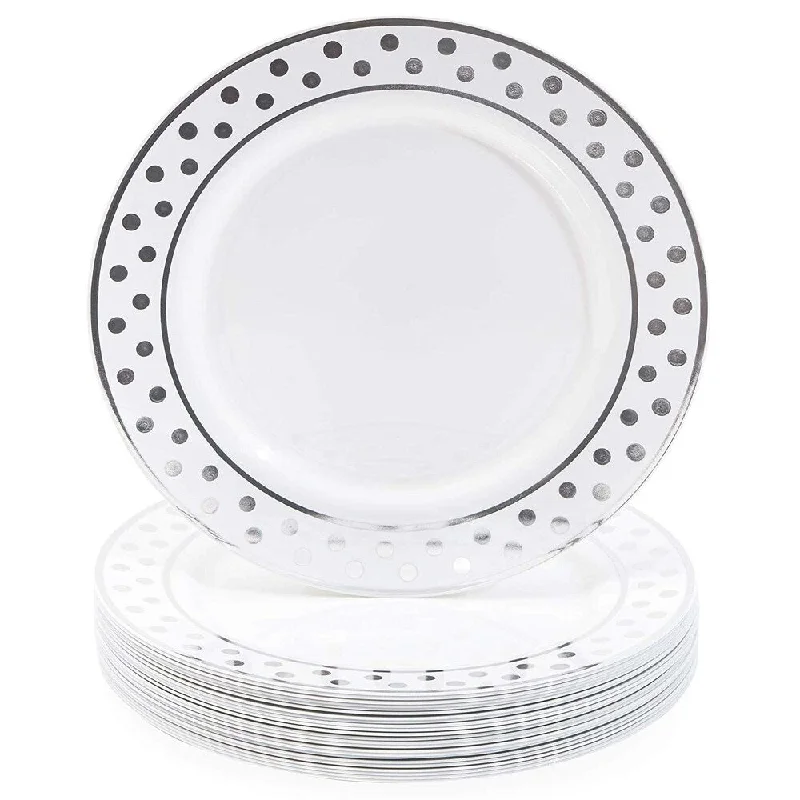 kids-friendly bamboo cups for family picnics -24x Silver Plastic Dinner Plates for Parties Birthday Wedding Polka Dot 9"