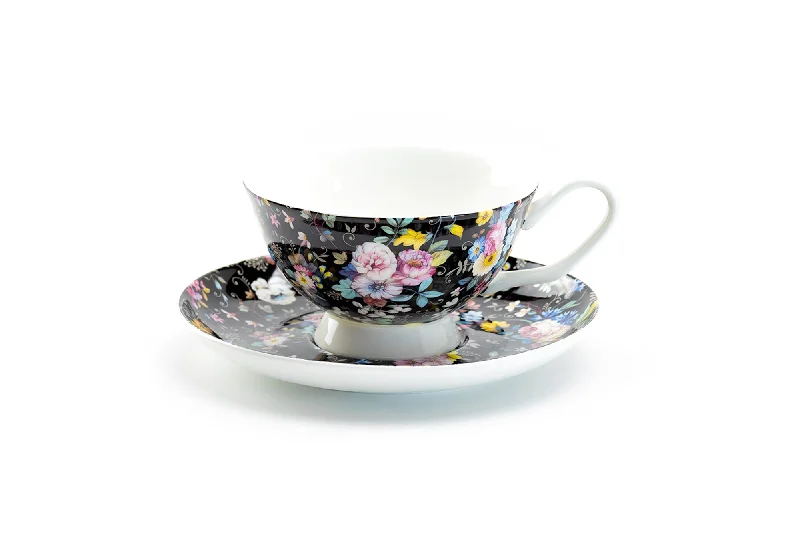 coffee mug with unique design -Victorian Petite Rose Black Bone China Cup and Saucer