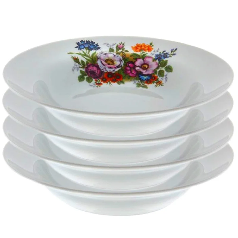 high-quality bamboo serving trays for catering -STP-Goods Flower Bouquet Porcelain Soup Plate 9.4" (Set of 4)