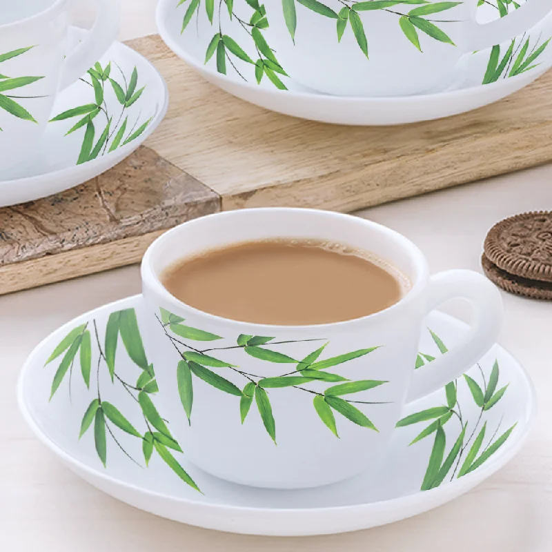 simple coffee mug -Larah by Borosil Bamboo Leaves Cup n Saucer Set